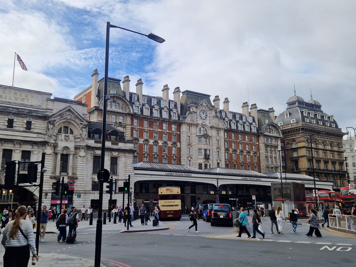 The front of Victoria station seen from the street